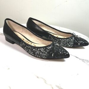 Sam Edelman Black Leather Tweed Glitter Pointed Toe Bow Flats Size 9 Preppy